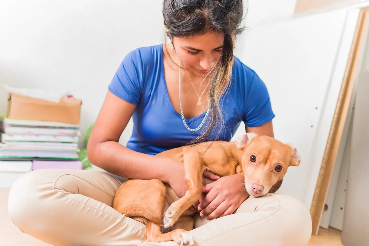 Mujer con perro encima